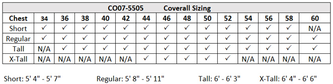 CO07-5505 Coverall Size Chart