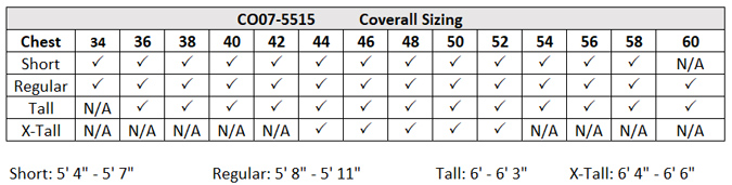 CO07-5515 Coverall Size Chart