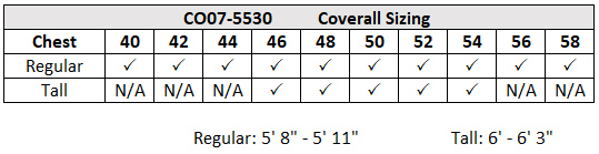 CO07-5530 Coverall Size Chart
