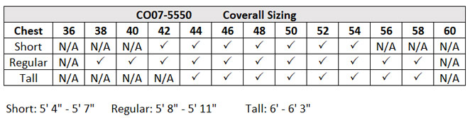 CO07-5550 Coverall Size Chart