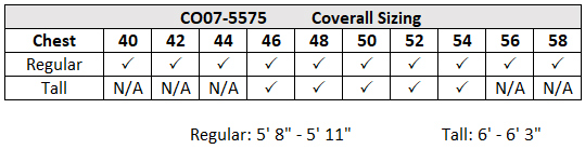 CO07-5575 Coverall Size Chart