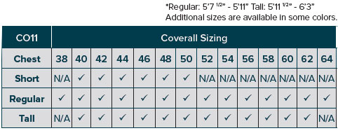 CO11-3905 Coverall Size Chart