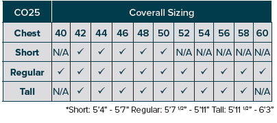 CO25-3815 Coverall Size Chart