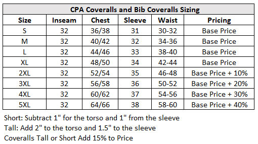 CPA Coveralls and Bib Coveralls Size Chart
