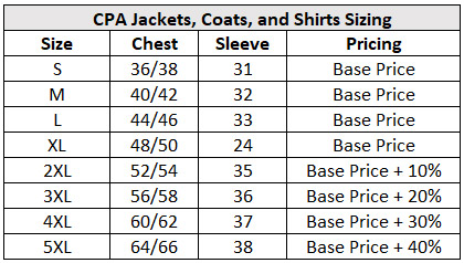 CPA Jackets Coats Shirts Size Chart