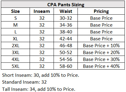 CPA Pants Size Chart