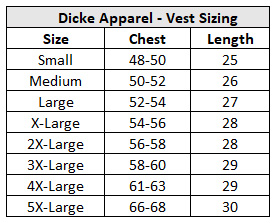 Dicke Apparel Vest Sizing Chart