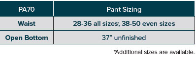 PA70-5605 Pant Size Chart