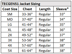 TecGen51 Jacket Sizing Chart